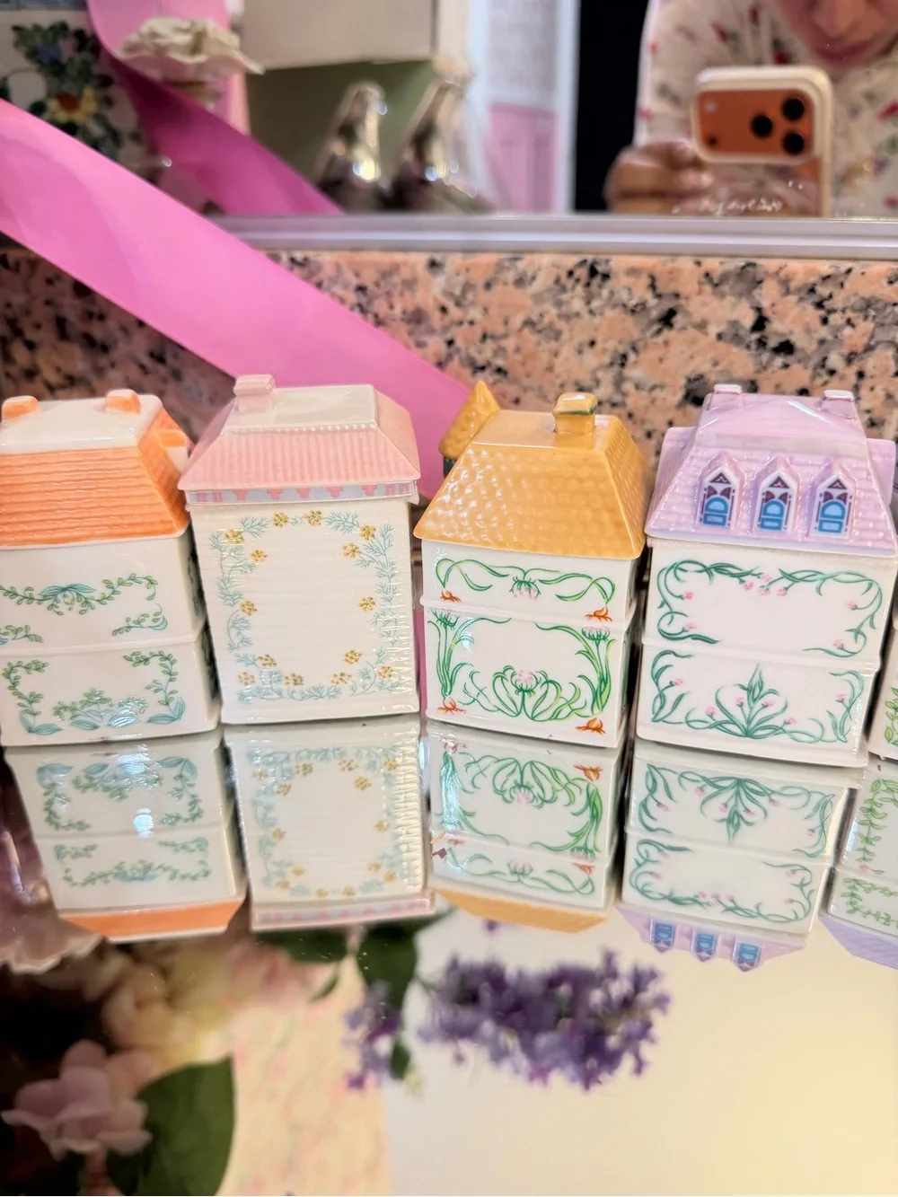 Set of 7 Decorative Ceramic Herb Canisters - Pastel Village Style